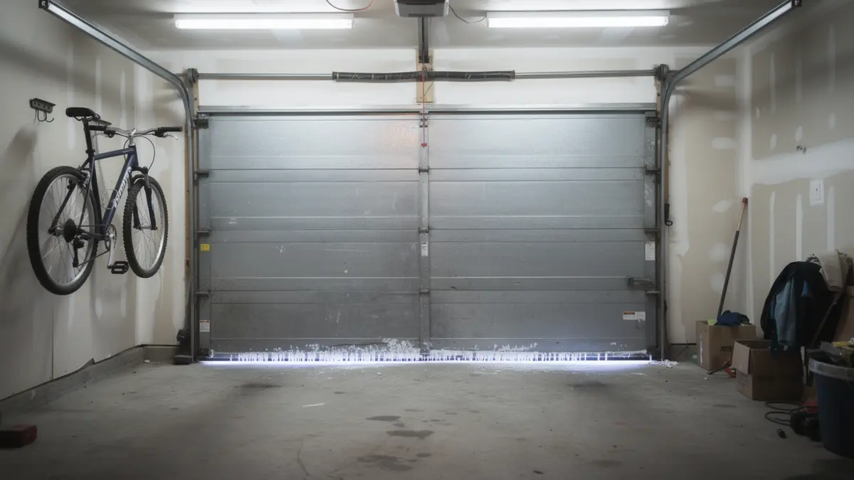 A closed garage door with a bicycle hanging on the left wall.
