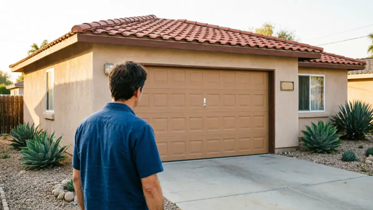 A man in a blue shirt stands in front of a house with a brown garage door.