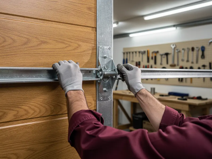 A technician in gloves adjusts a metal garage door track next to a wooden garage door.