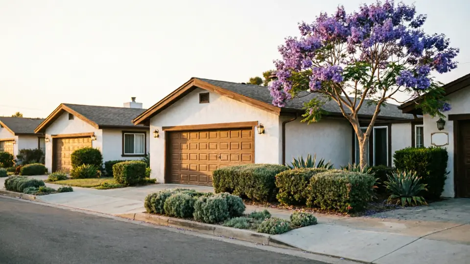 A row of houses with brown garage doors and a purple flowering tree.