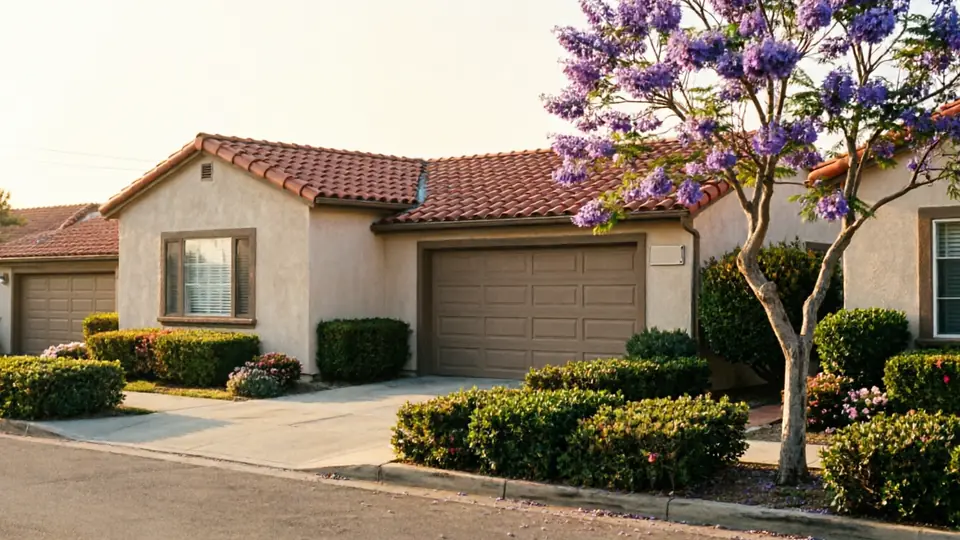 A house with a brown garage door and a purple flowering tree in the yard.