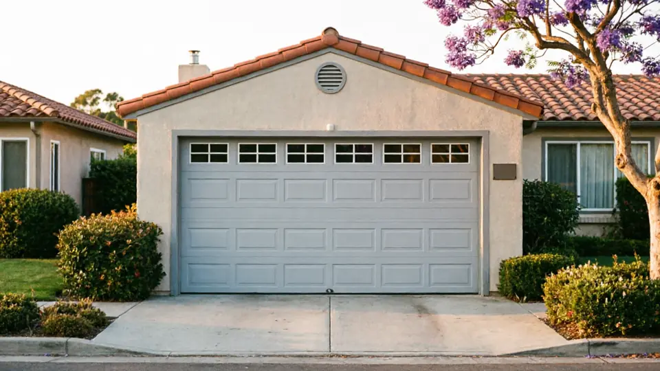 A light gray garage door with windows is on a stucco house.