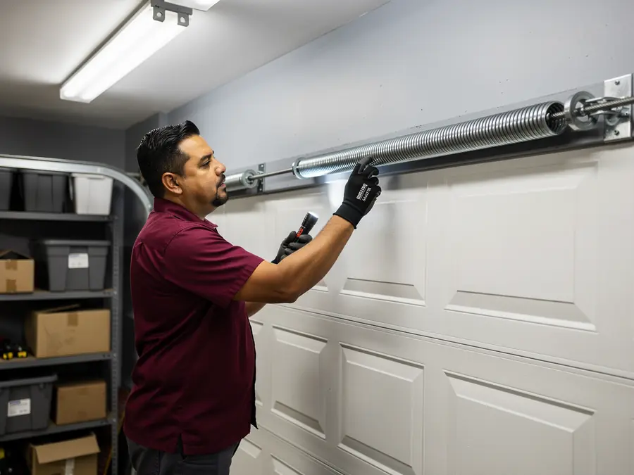 A technician inspects a garage door torsion spring with a flashlight.