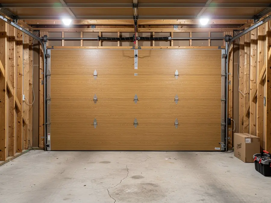 A closed light brown garage door with a torsion spring and tracks.