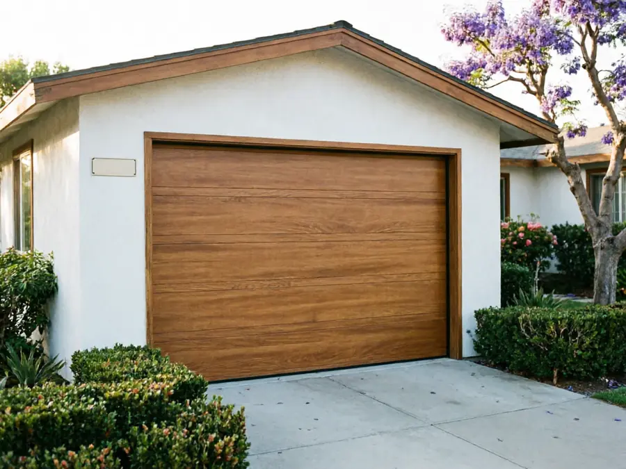 A brown wooden garage door on a white house with landscaping.