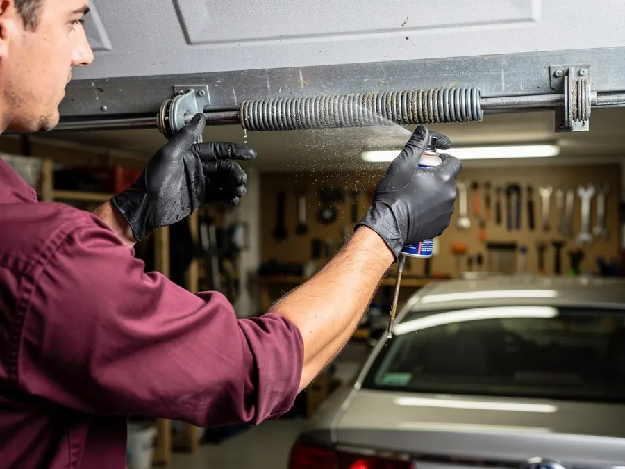 A technician in black gloves sprays lubricant on a garage door torsion spring.