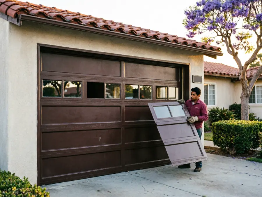 A technician is installing a brown garage door panel with windows.