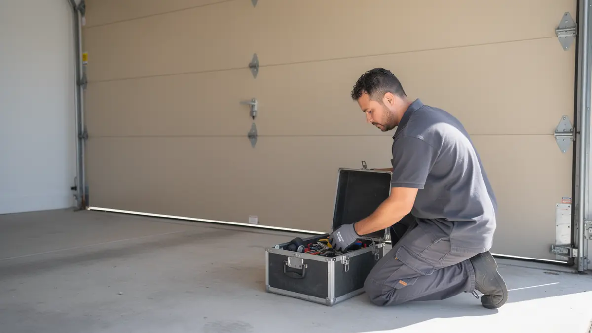 A technician kneels on the garage floor, looking into an open toolbox.