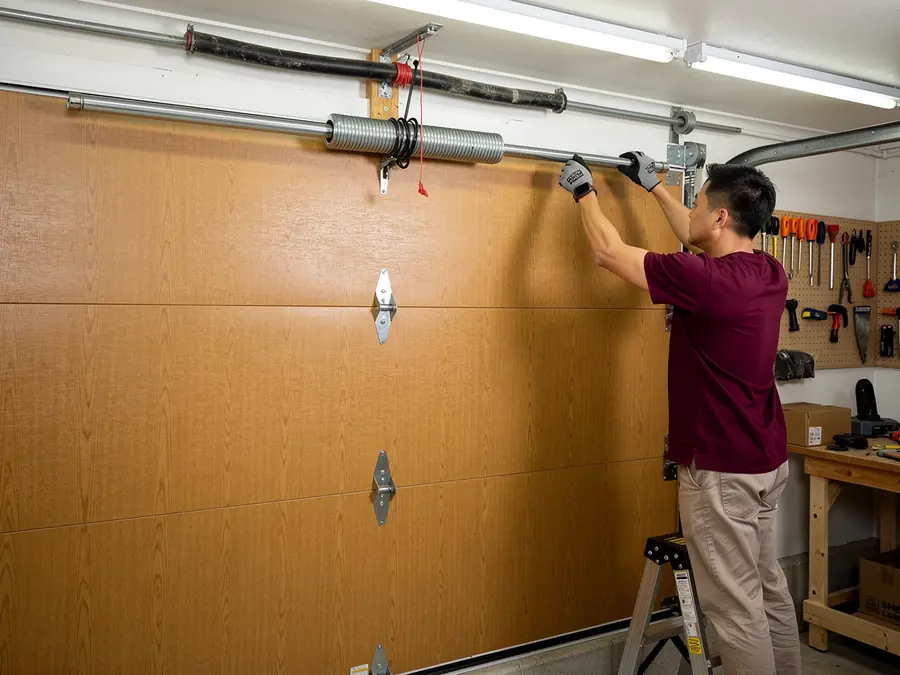 A technician on a ladder adjusts a garage door torsion spring.