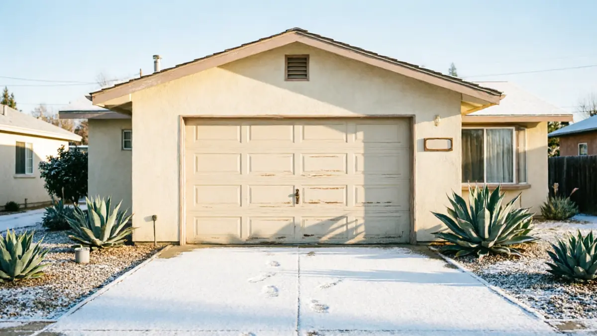 A beige house with a garage door and a snow-covered driveway.