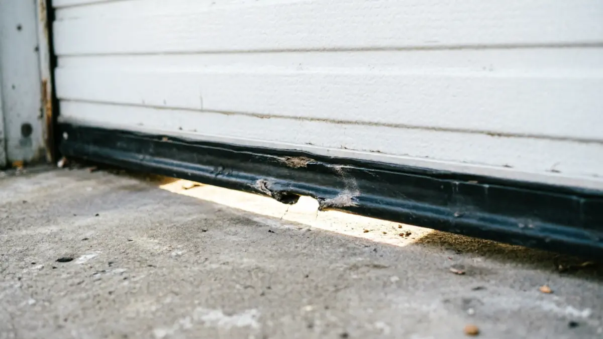 The bottom of a white garage door has a damaged black seal with a hole.