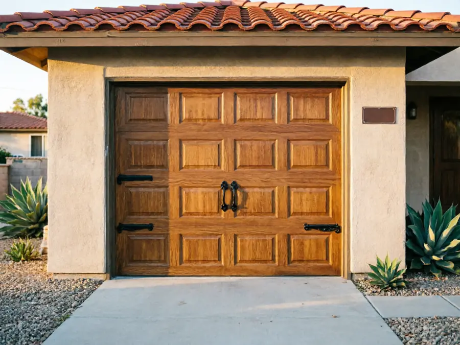 A wooden garage door with decorative black hardware on a stucco house.